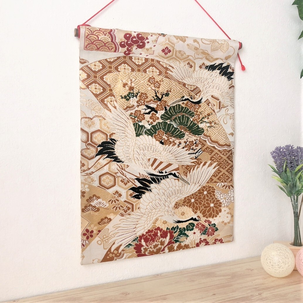 【⑯0666】190cm/昭和レトロ/鶴・笠松/帯リメイク品/タペストリー 帯のタペストリー 鶴アンティーク文様 帯リメイク245 - Ho