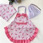 再販♪80-130cm デカリボンが可愛い🎀 キッズのフリルエプロン3点セット    ストライプリボン ラベンダー ピンク