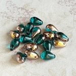 【6x9㍉ 20個】 ドロップビーズ＊teal green & copper ＊チェコビーズ＊しずく＊メタリック＊グリーン