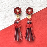 ＊つまみ細工＊ 赤 白 黒 花 タッセル ロングピアス＊