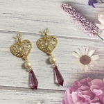 アンティーク　ハート　ピアス　大ぶり　ヴィンテージ　コットンパール　パープル　サージカルステンレス　アレルギー対応　結婚式　フォーマル
