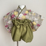 【完成品】ベビー袴　菊の花×オリーブ　70-80cm  お食い初め