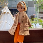 079 リカちゃん ブライス　ハンドメイド  服　ツィードオレンジコート　コーディネート