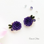 深紫の薔薇とビジューのピアス/イヤリング　つまみ細工　正絹羽二重　シルク