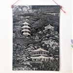 帯の掛け軸 寺院と五重塔／タペストリー／壁掛け／飾り／帯リメイク／kakejiku／tapestry／obi／212
