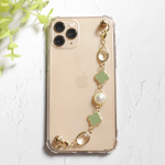 149. キーリングハンガー　スマホケース　iPhoneケース　ストラップ　全機種　スマホチェーン　スマホリング　　クローバー　スマホグリップ　花　パール　シェル　ゴールド　グリーン　緑