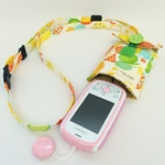 【ぷるる・キッズ向けケータイカバー（ポケット付）：ネックストラップセット】フルーツ×ストライプ（イエロー系×イエロー）PKS0028S