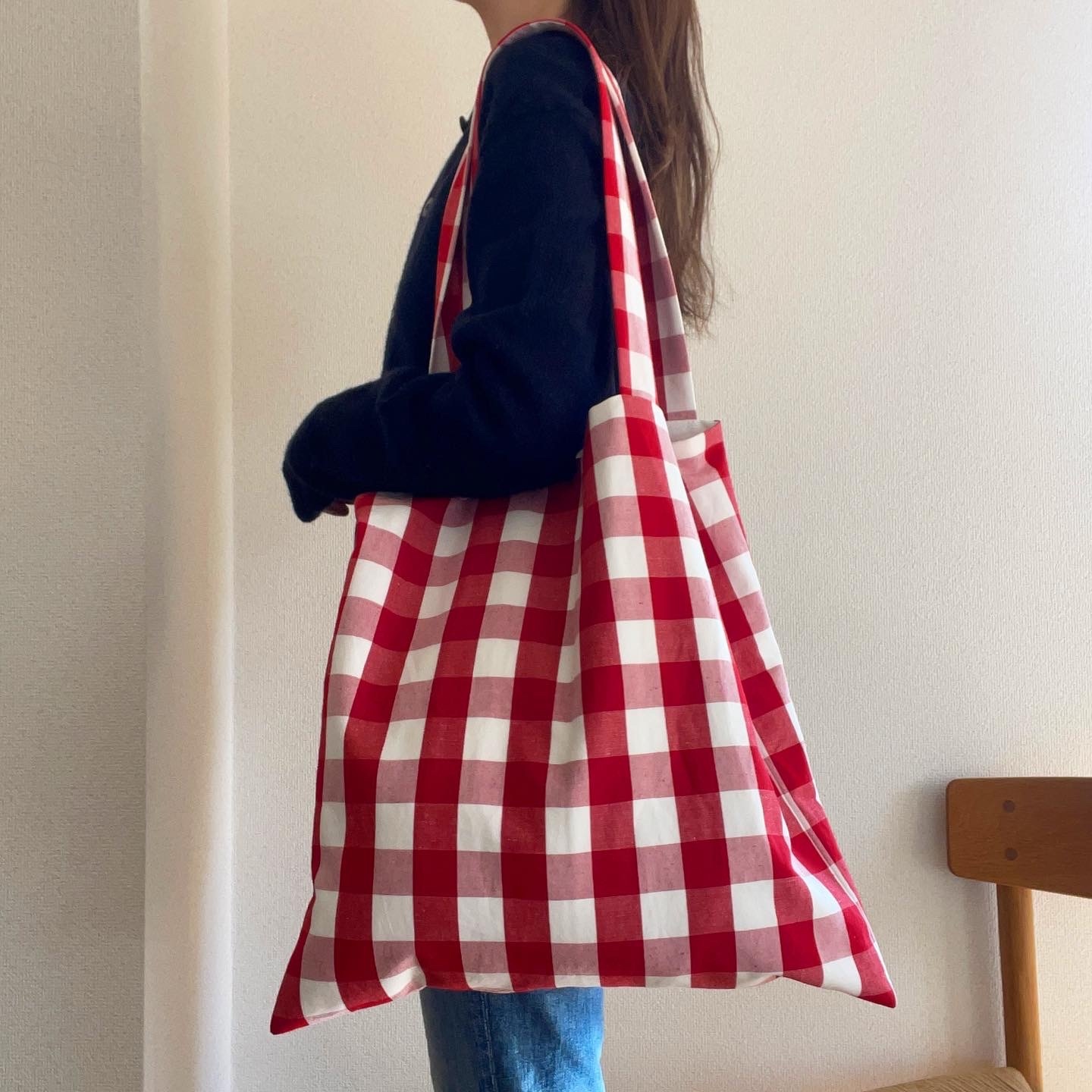 CHECK&STRIPE 赤チェック柄トートバッグ＜大容量・A4サイズ対応・内