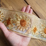 80㎝カット済み【インド刺繍リボン】チュール　フラワー　リボン　【ベージュ×ローシェンナ】