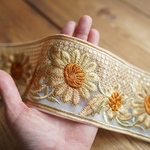 65㎝カット済み【インド刺繍リボン】チュール　フラワー　リボン　【ベージュ×ローシェンナ】