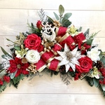 No.xmas-14441★クリスマススワッグ横型  (xmasリース)   22-(3)   ポインセチア&エレガントトナカイ　35x72cm・アートフラワー/造花リース/大型スワッグ