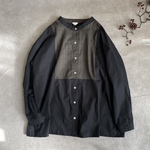 New:cotton100%*グレンチェック*とバンドカラーのフロント切り替えシャツブラウス（ブラック×カーキ系）