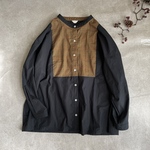 cotton100%*グレンチェック*とバンドカラーのフロント切り替えシャツブラウス（ブラック×キャメルブラウン）
