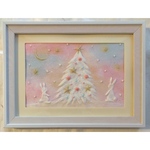和紙ちぎり絵『ホワイトクリスマスツリーとうさぎたち』葉書サイズ原画