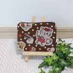 ミニ ファスナーポーチ 12センチ 茶色 水玉と猫 レトロ × 茶色 無地