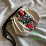 インド刺繍リボンが大人可愛い巾着　27×17cm （マチ11cm）アイボリー×ピンク・ブルーフラワー