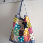 カラフル　ドット　四角パッチ　ワンハンドル　縦長トートBAG　肩掛け　♪　綿麻ダンガリー　ブルー