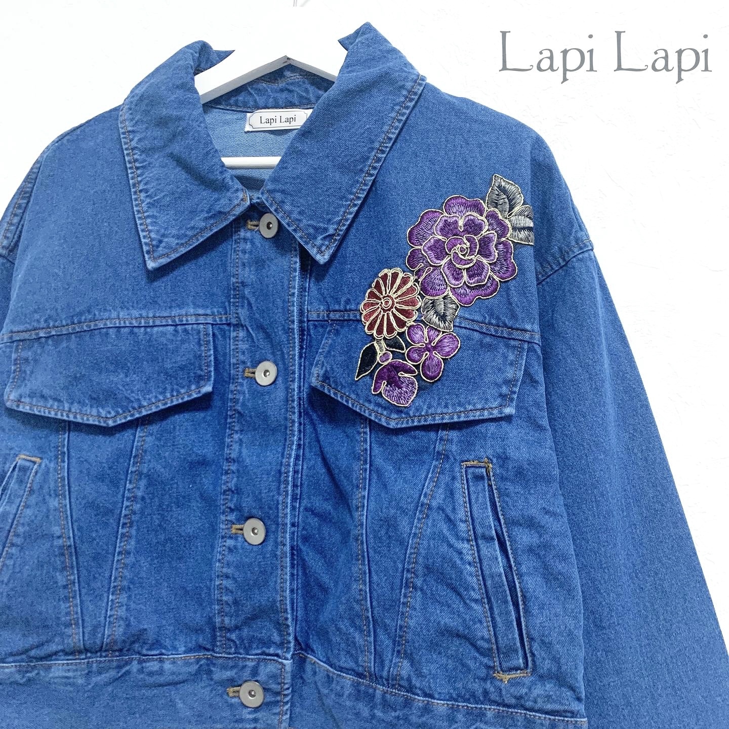 手刺繍デニムジャケット パープル