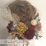 ヘッドドレス　RED＆Green goldribbon 結婚式　成人式　卒業式　プリザーブドフラワー　ドライフラワー　ドレス　着物　袴　ヘアアクセサリー　金箔