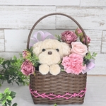 もこペット【白犬・ピンクバスケット】プリザーブドフラワー カーネーション 犬 花 誕生日 お祝い  母の日 ペット 動物 