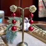 NEW！コットンパールと薔薇のピアス 赤 クリスマス ギフト フラメンコ