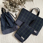 ☆yyy444さま専用☆三点セット●大きめ(33×47)キルティングレッスンバッグ＆シューズバッグ&体操着袋  ブラックウォッチ×リアルデニム　赤チェック×リアルデニム