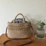 本革持ち手 麻ひも2wayバッグ ブルー