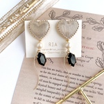 ♢ハートボタン×ブラックガラスチャーム♢heartbutton×blackglassピアス/イヤリング♢　【2wayにオプションで変更可能】ボタンアクセサリー