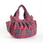 Sサイズ　起毛素材　赤色とグレー色のチェック柄ウール生地　ころりんバッグ♪　Fm2 Lab.