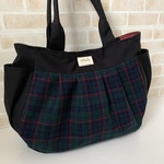 【送料無料】サイドポケット付タック入バッグ☆大サイズ(チェック&ブラック帆布)