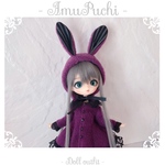 【予約】ふわふわフリースのうさ耳ずきん † 紫×黒系ストライプ