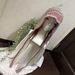 ☆ウール ピクシーハット 耳あて付き ニット帽☆暖色系グラデ×ソフトグレー