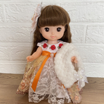 【送料無料】メルちゃんソランちゃんレミンちゃんオレンジ刺繍レースの白サテンドレスと頭飾りとショールの３点セット