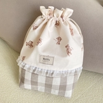★送料込★パステルくま柄 Milly*お着替え袋*大きめ巾着袋*　アイボリー×ナチュラルチェック フリルチェック