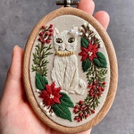 ポインセチアと猫のクリスマス刺繍フレーム リネン生地 クリスマス 
