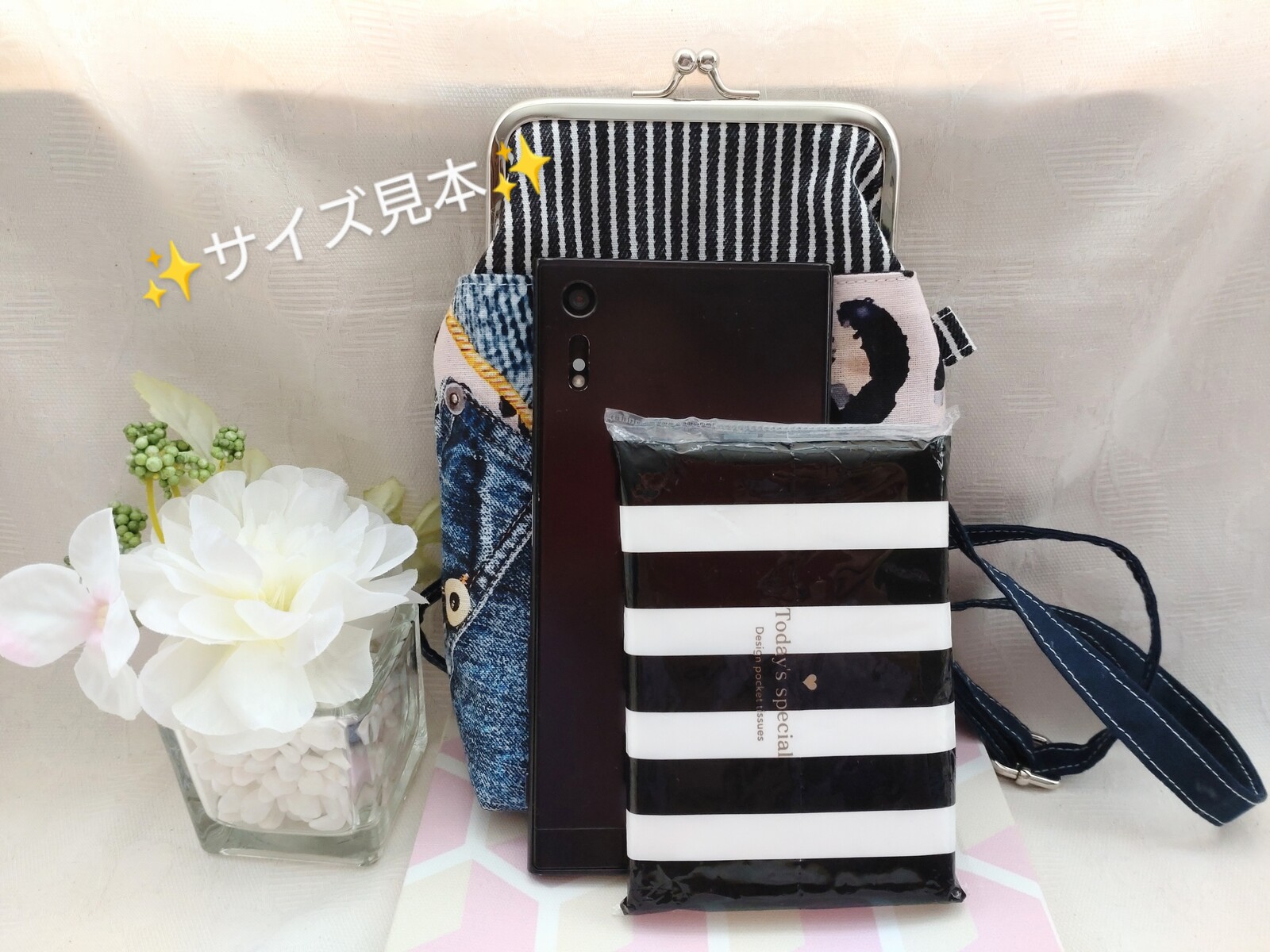 再 デニム&レオパード柄でおしゃれに♡ ぷっくりがま口👛スマホ