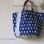 麻ヒモ底バッグ*レースフリル　北欧の小さな花　藍色*マルシェ*　