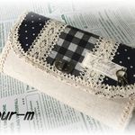 ハンドメイド　Ｗファスナー　長財布　チェック　リネン　ひねり錠