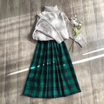 ウール＊グリーン ブロックチェック の かわいく お洒落な ギャザースカート