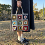 クロシェ編み　トートバッグ　グレー×カラフル