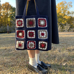 クロシェ編み　トートバッグ　ネイビー×レッド