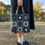 クロシェ編み　トートバッグ　グレー×ネイビー　グリーン