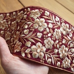 85㎝カット済み【インド刺繍リボン】幅広　シルク　刺繍リボン   【ワイン】