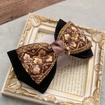刺繍リボン 茶・M「インド刺繍×スエードリボン・ブラウン(ゴールドライン)×ブラック」ヘアアクセサリー バレッタ ヘアクリップ ポニーフック ヘアゴム ヘアピン 茶色 黒 ゴールド 