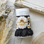 インド刺繍　インド刺繍リボン　ボタン付き　ポニーフック　刺繍リボン　ブラック　黒　シフォン　フリル　ラップリボン　花柄　＊　ヘアアクセサリー　マジェステ　結婚式　お呼ばれ　ギフト　プレゼント　髪飾り