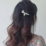 マーブルホワイト　リボンヘアクリップ　ヘアピン　大理石風　韓国ファッション
