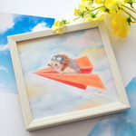 【複製画】ハリネズミ　紙飛行機で空の旅　パステルアート　イラスト