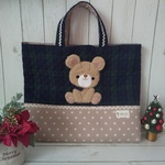 ☆リクエスト作品☆入園入学準備品7点セット♪くまさんアップリケ×ブラックウォッチ×モカドット♪ 絵本バック・シューズ袋・体操服袋・お弁当セット4点