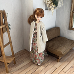 ノーカラーコクーンコート　別珍生地グレージュ　リカちゃんサイズ　ピュアニーモ2エモーションS