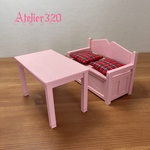 長イス&テーブルセット、クッション　1/12サイズ  ミニチュア家具